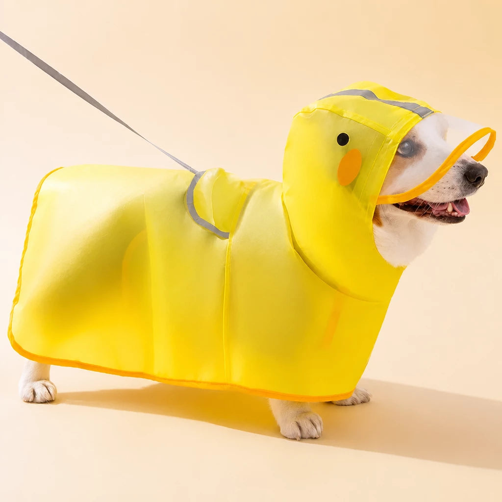 Hooded Dog Rain Poncho with Clear Brim and Belly Cover - M / Yellow