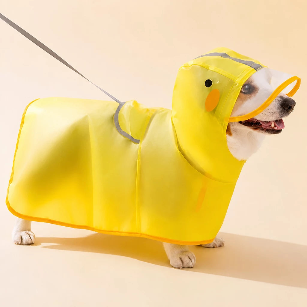 Hooded Dog Rain Poncho with Clear Brim and Belly Cover - L / Yellow