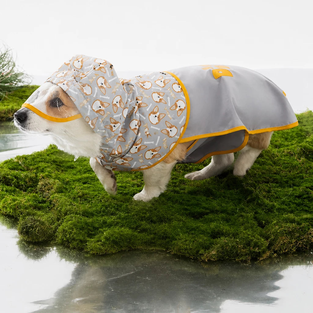 Hooded Dog Rain Poncho with Clear Brim and Belly Cover - S / Gray