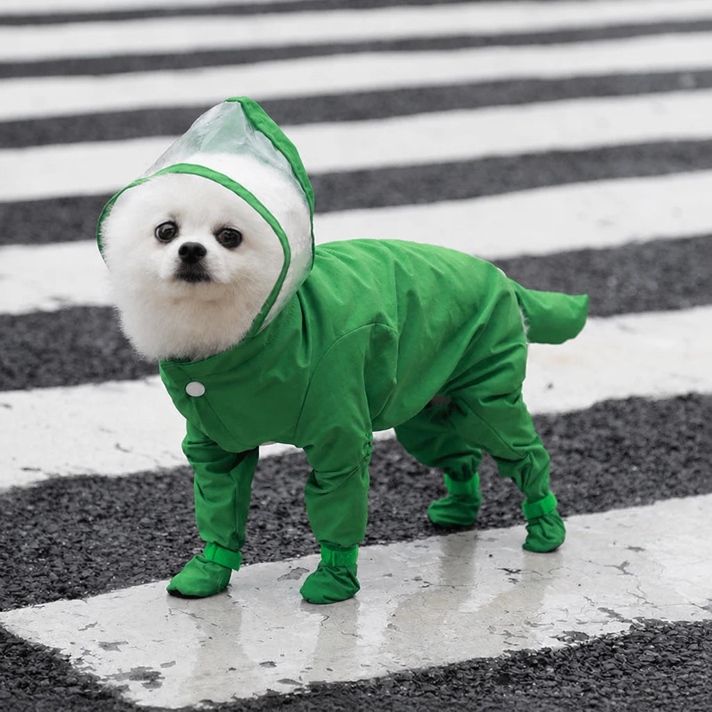 Four-Leg Dog Rain Suit with Clear Hood and Leash Access - M / Green