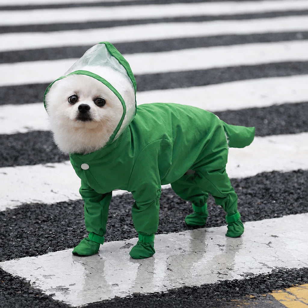 Four-Leg Dog Rain Suit with Clear Hood and Leash Access - L / Green