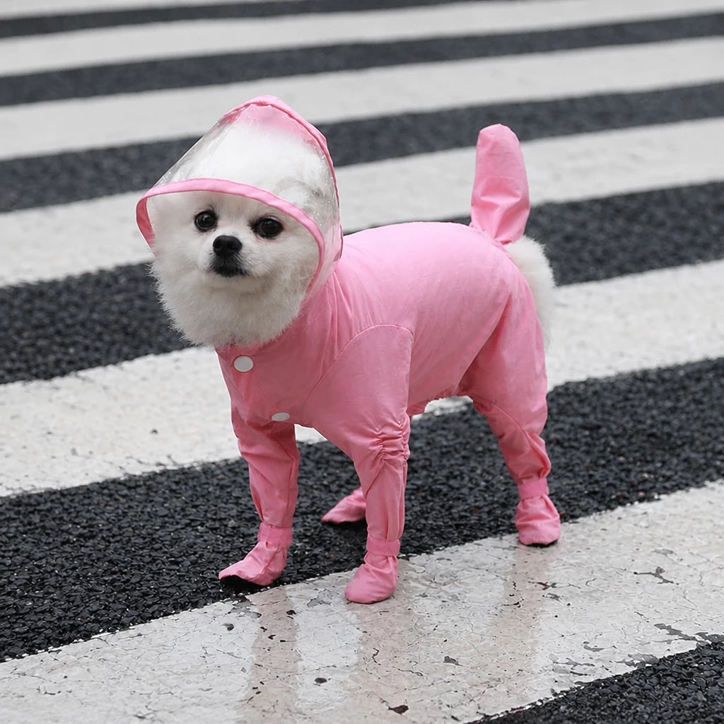 Four-Leg Dog Rain Suit with Clear Hood and Leash Access - S / Pink