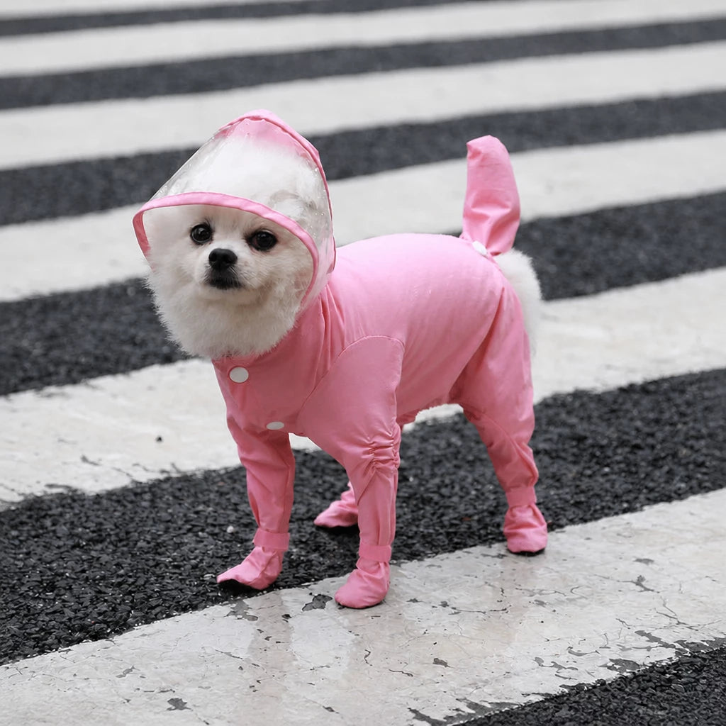 Four-Leg Dog Rain Suit with Clear Hood and Leash Access - M / Pink