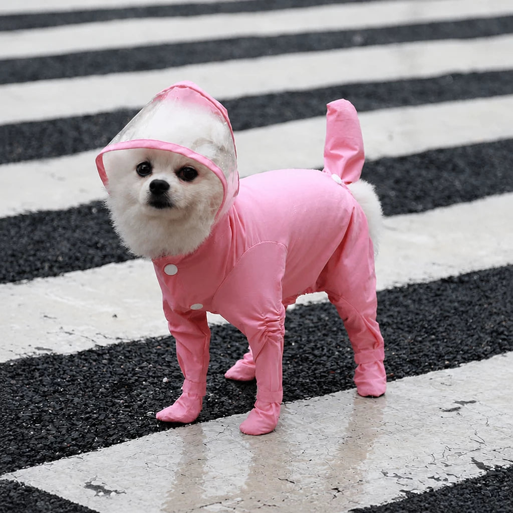 Four-Leg Dog Rain Suit with Clear Hood and Leash Access - L / Pink