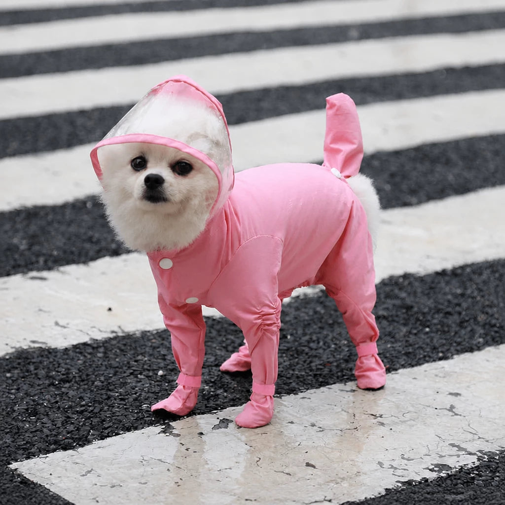 Four-Leg Dog Rain Suit with Clear Hood and Leash Access - XL / Pink