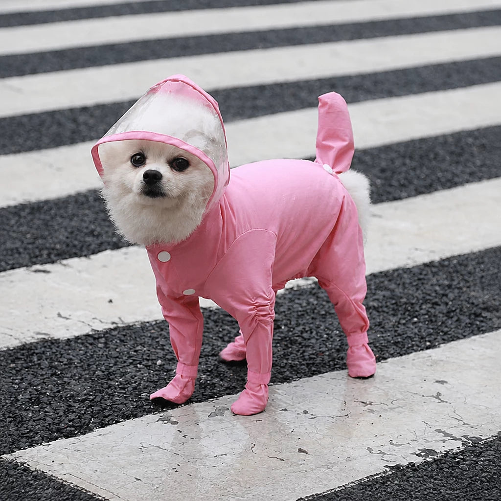 Four-Leg Dog Rain Suit with Clear Hood and Leash Access - XXL / Pink