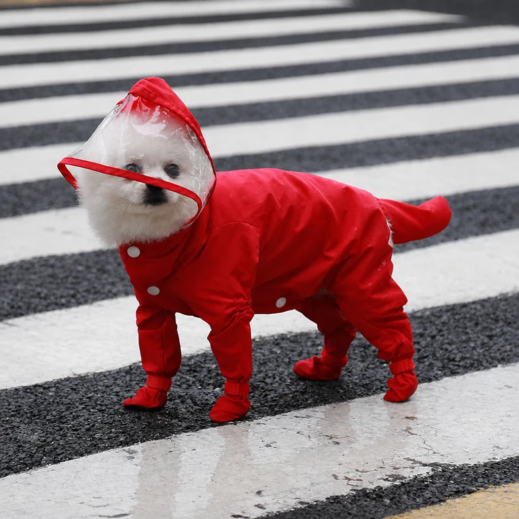 Four-Leg Dog Rain Suit with Clear Hood and Leash Access - S / Red
