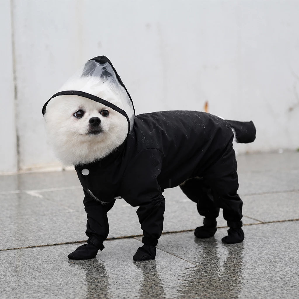 Four-Leg Dog Rain Suit with Clear Hood and Leash Access - M / Black