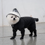 Four-Leg Dog Rain Suit with Clear Hood and Leash Access - XL / Black