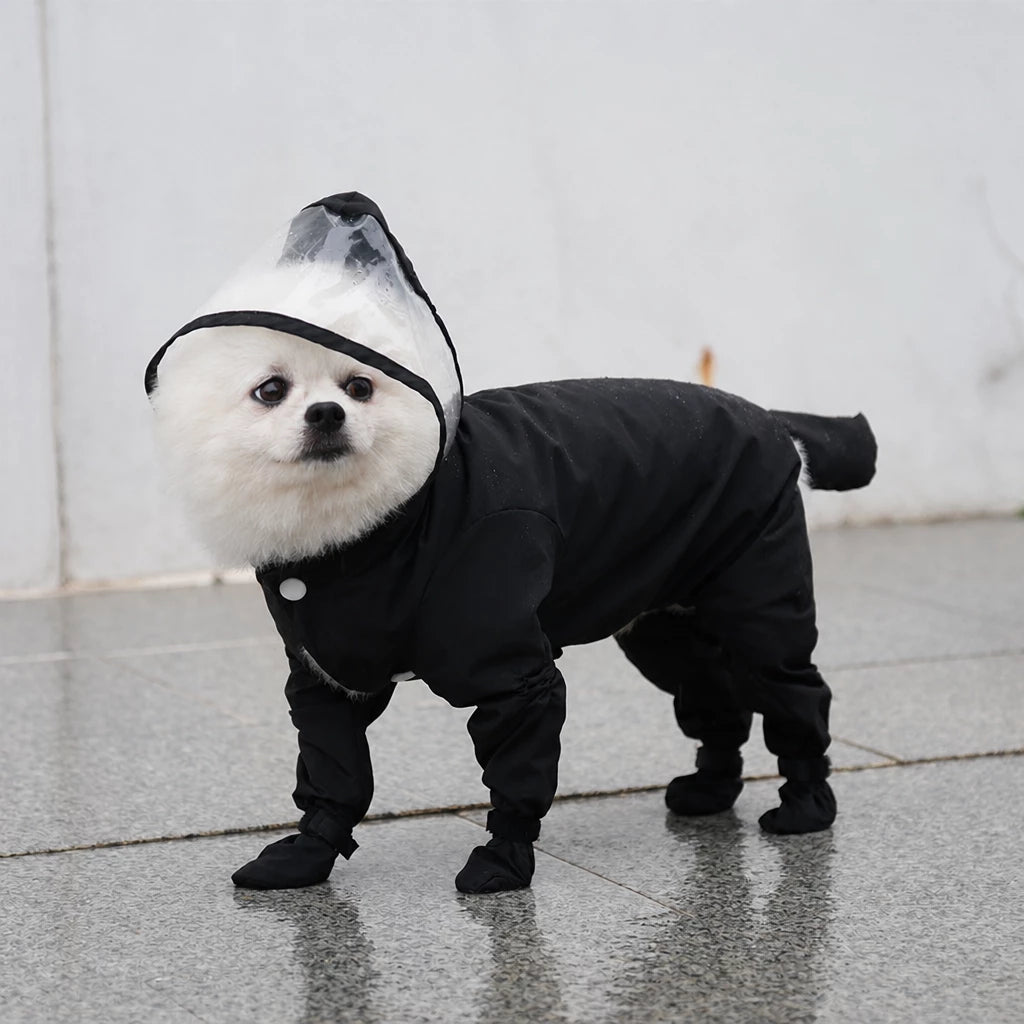 Four-Leg Dog Rain Suit with Clear Hood and Leash Access - XL / Black