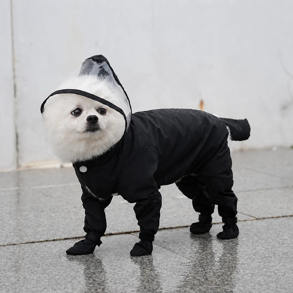 Four-Leg Dog Rain Suit with Clear Hood and Leash Access - XXL / Black