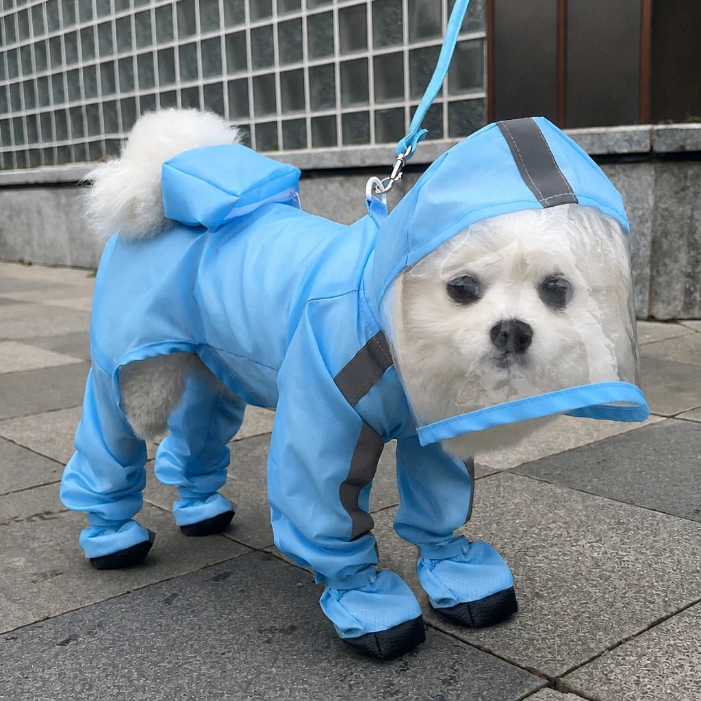 Four-Leg Dog Rain Suit with Clear Hood and Leash Access - S / Light blue
