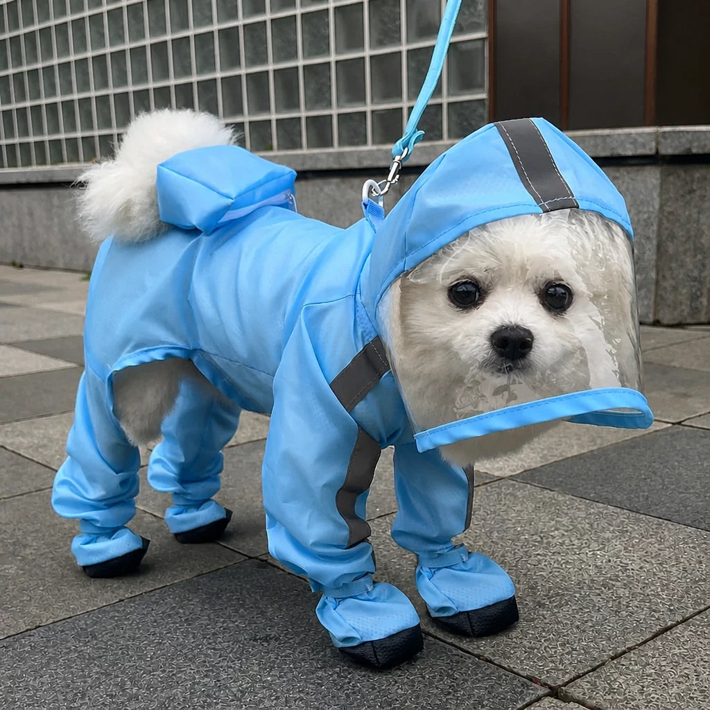 Four-Leg Dog Rain Suit with Clear Hood and Leash Access - M / Light blue