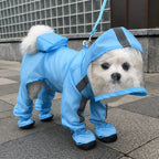 Four-Leg Dog Rain Suit with Clear Hood and Leash Access - L / Light blue
