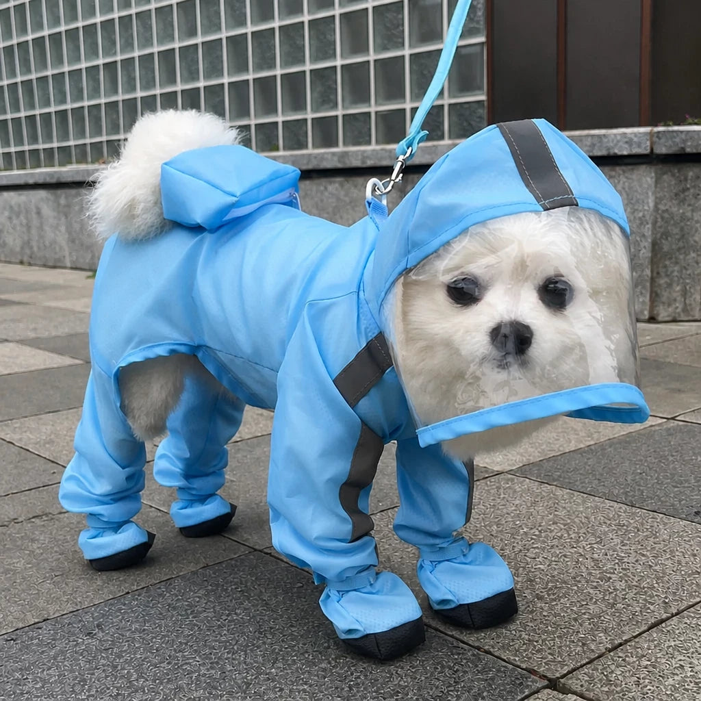 Four-Leg Dog Rain Suit with Clear Hood and Leash Access - L / Light blue