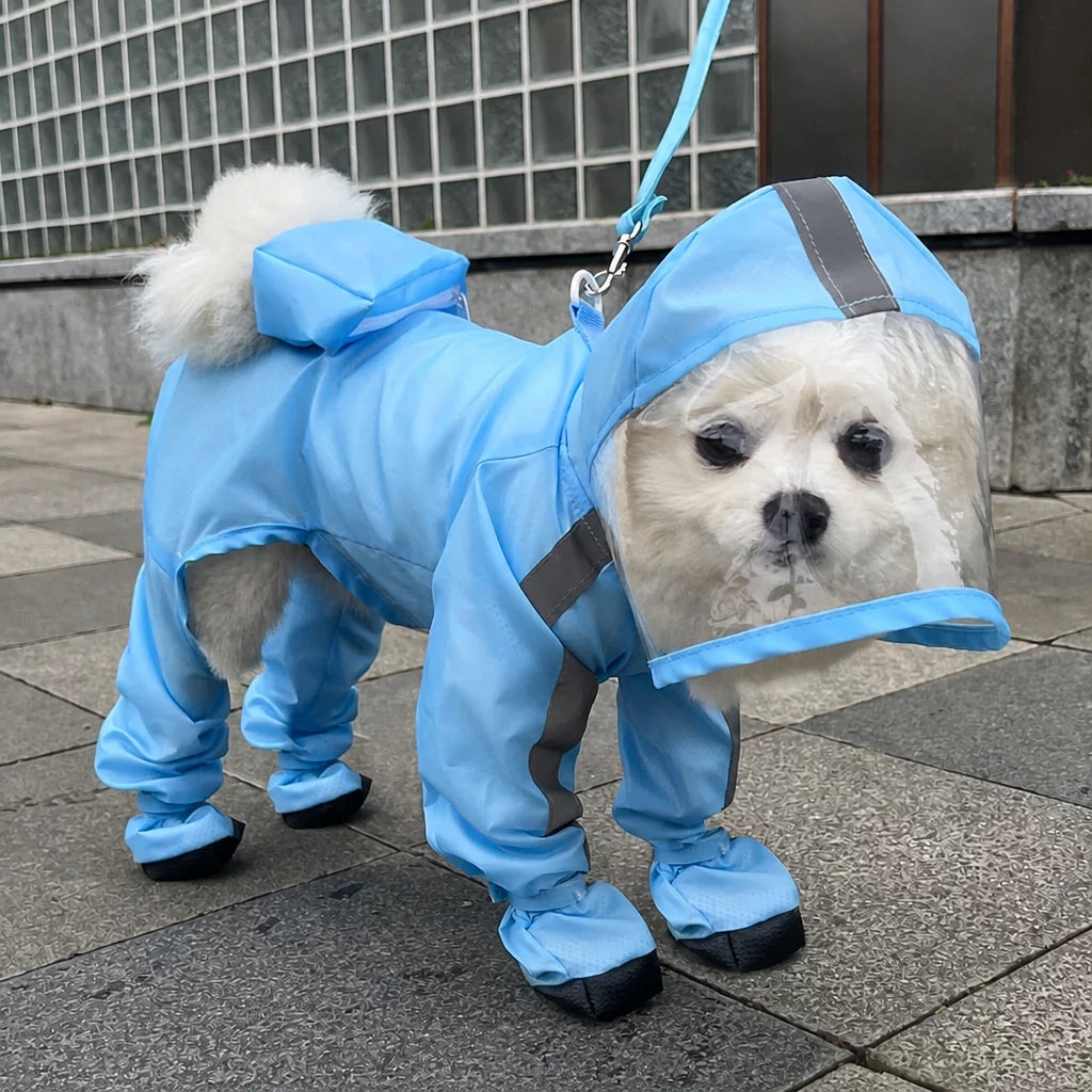 Four-Leg Dog Rain Suit with Clear Hood and Leash Access - XL / Light blue