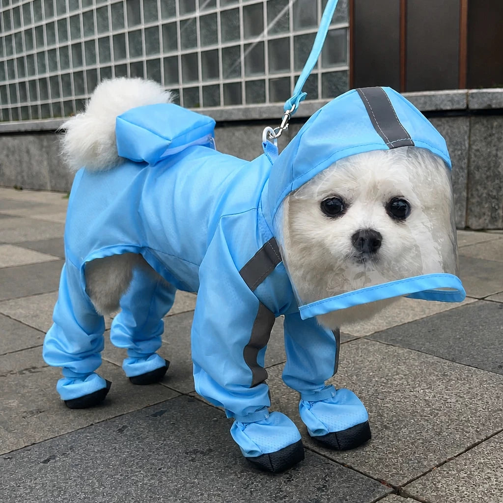 Four-Leg Dog Rain Suit with Clear Hood and Leash Access - XXL / Light blue