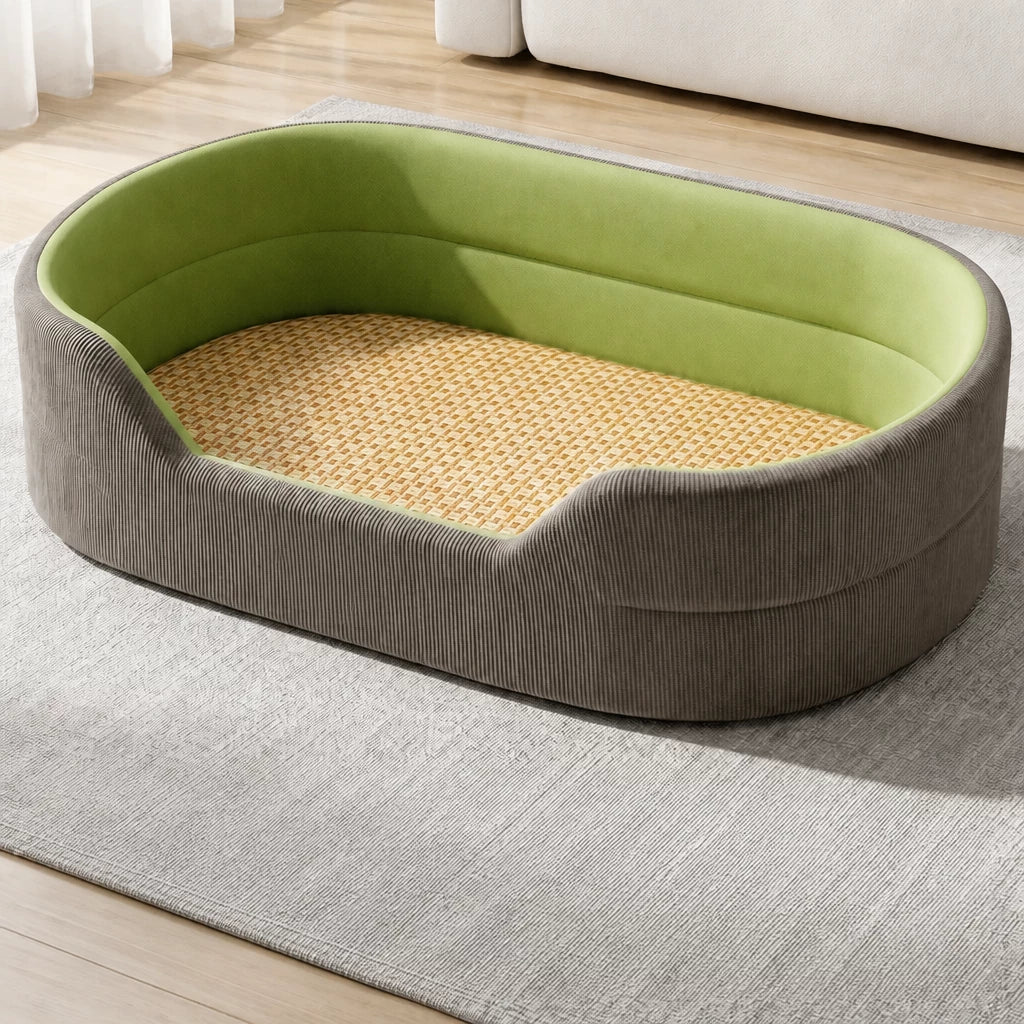Gray corduroy pet bed with woven summer surface, S option