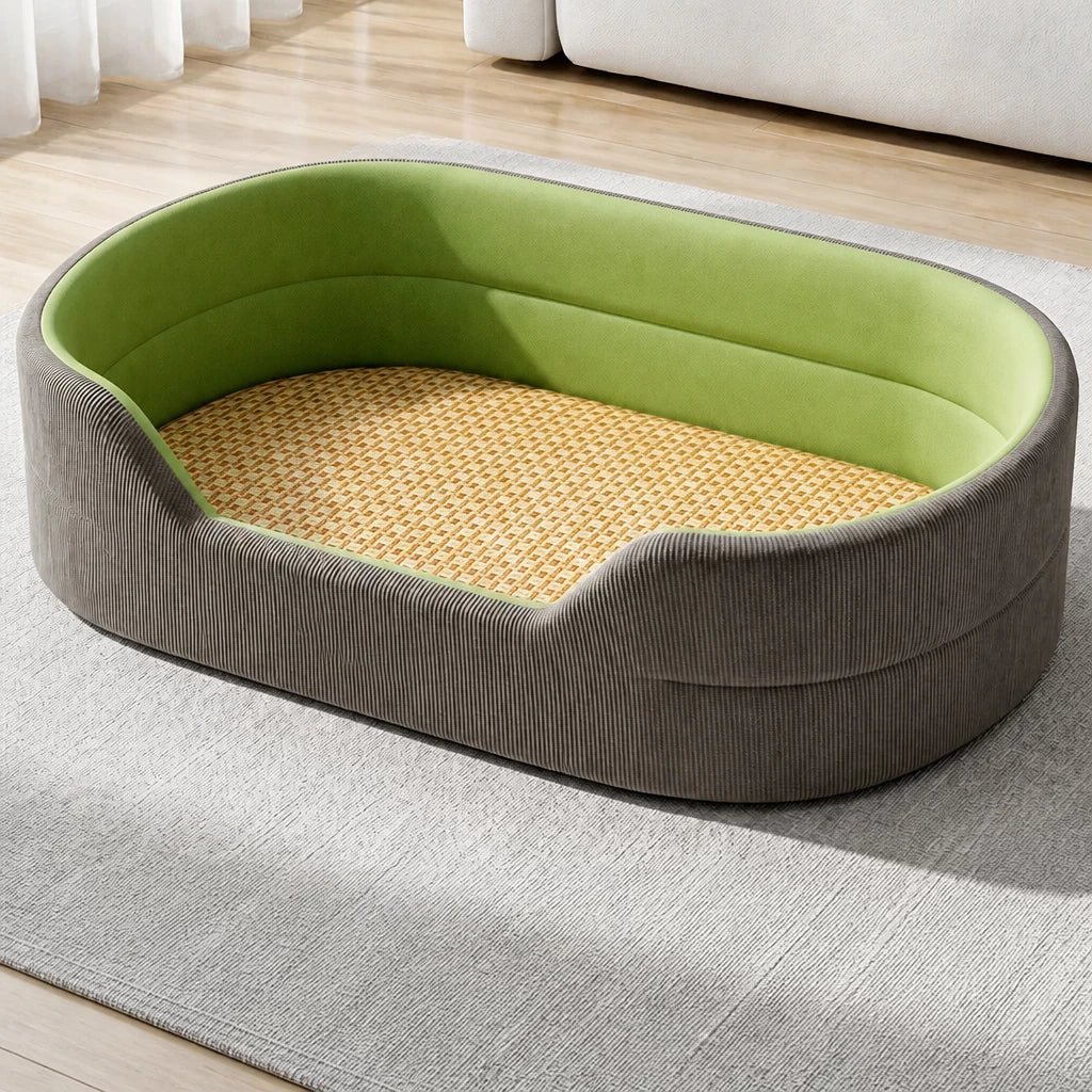 Gray corduroy pet bed with woven summer surface, M option