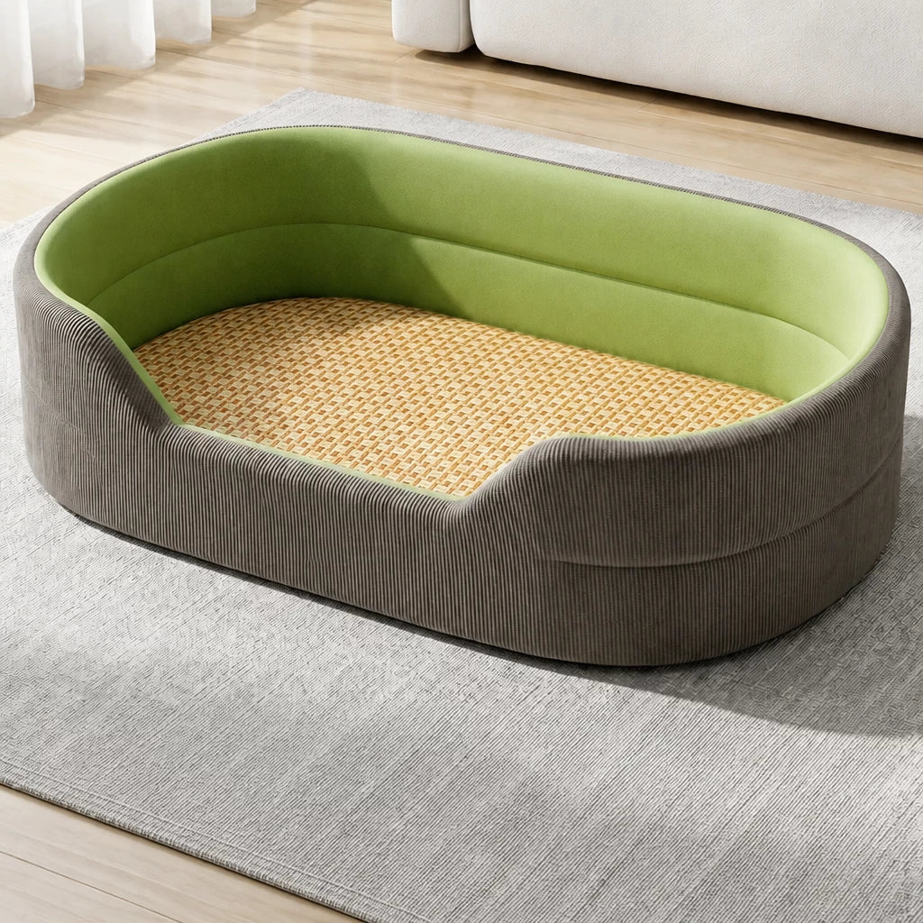 Gray corduroy pet bed with woven summer surface, XL option