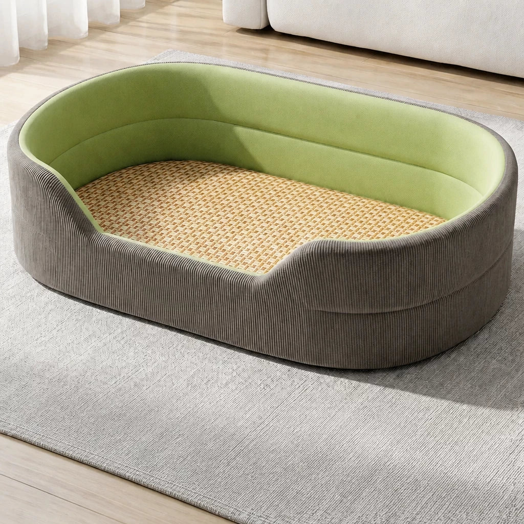 Gray corduroy pet bed with woven summer surface, XXL option