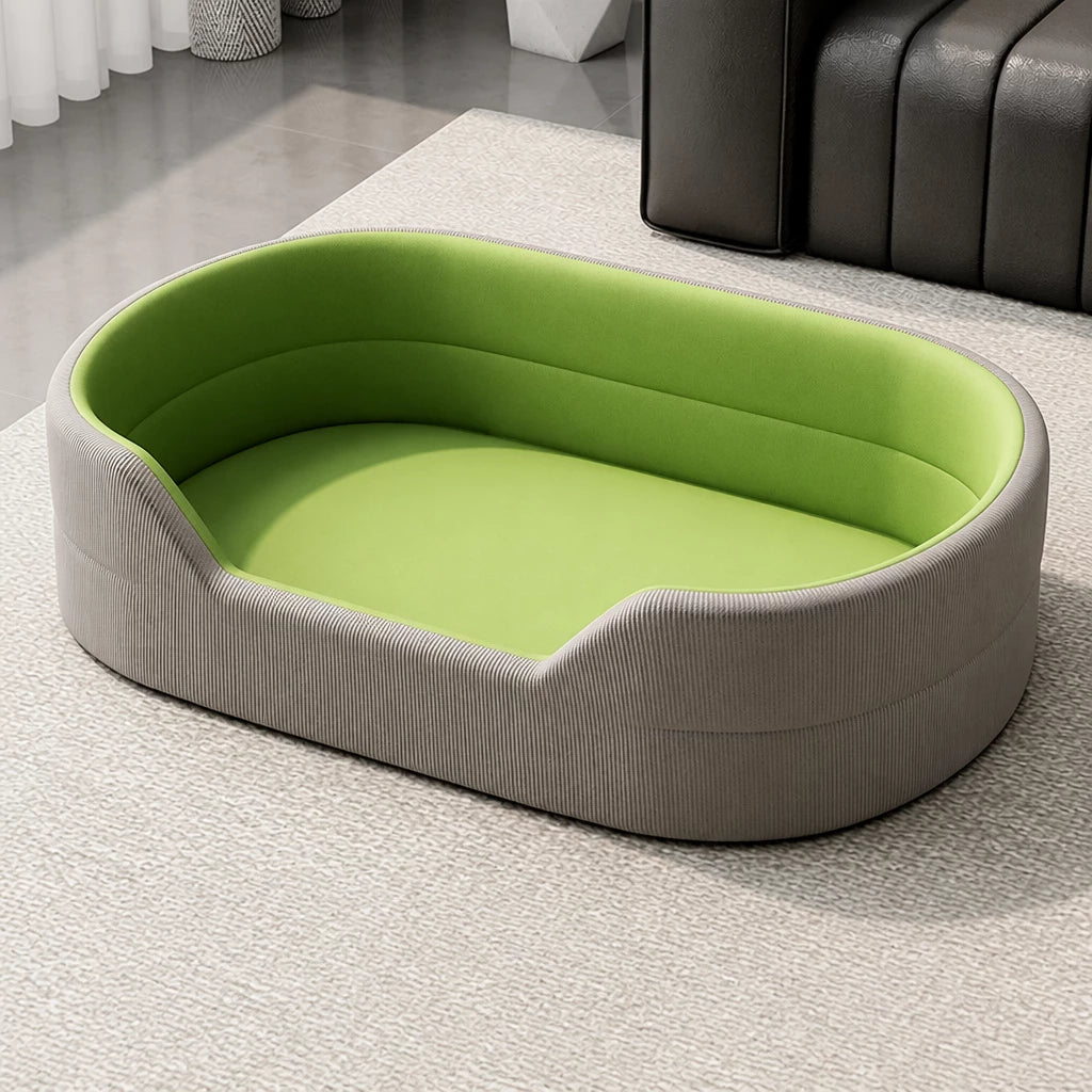 Gray corduroy pet bed with smooth grass-green cushion, S option