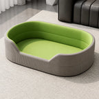Gray corduroy pet bed with smooth grass-green cushion, S option