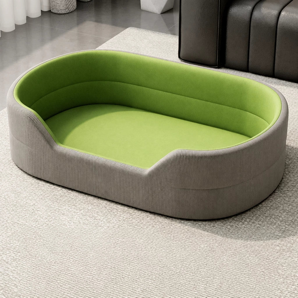 Gray corduroy pet bed with smooth grass-green cushion, M option