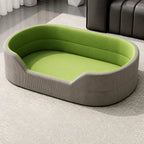 Gray corduroy pet bed with smooth grass-green cushion, M option