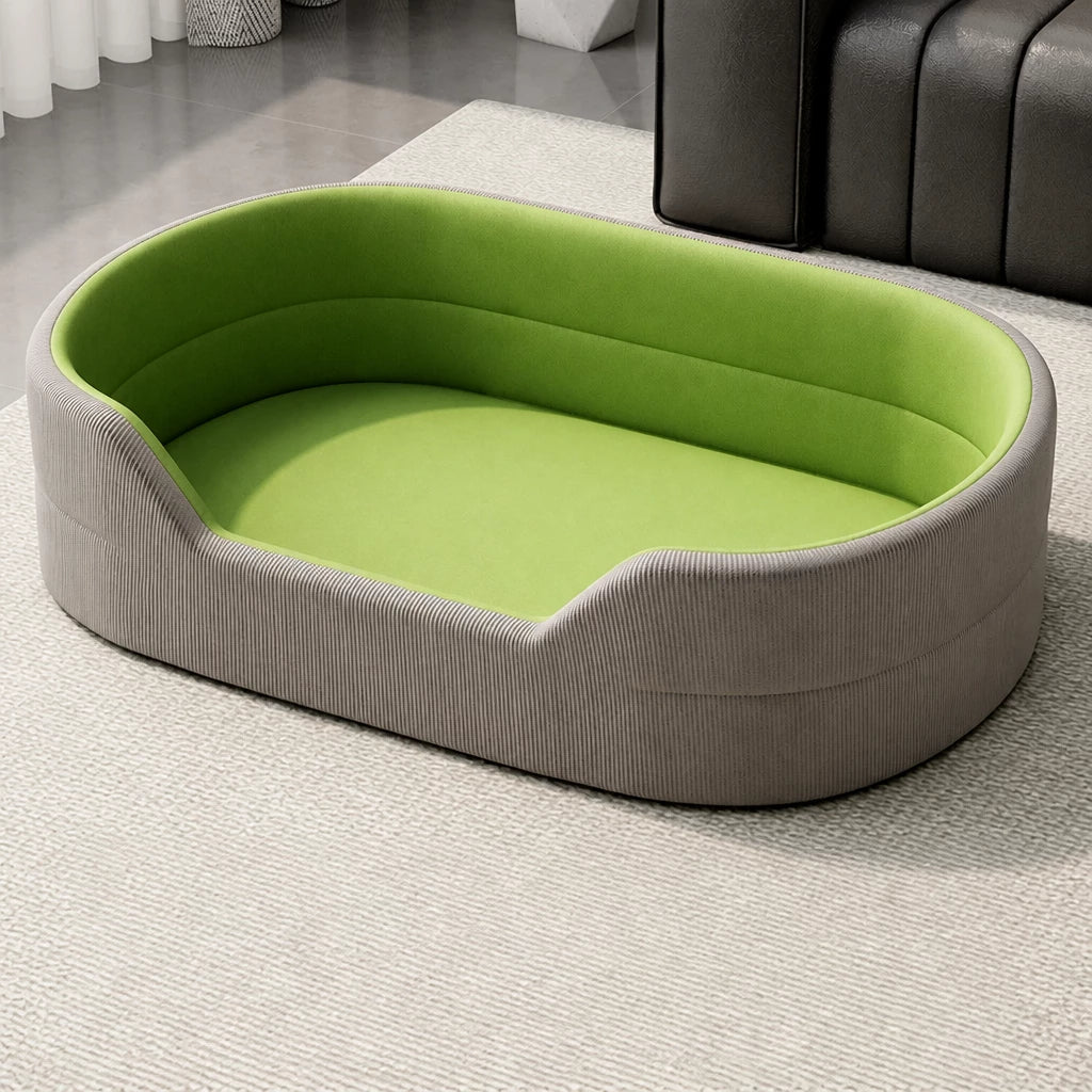 Gray corduroy pet bed with smooth grass-green cushion, L option