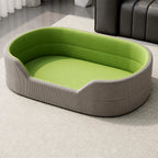 Gray corduroy pet bed with smooth grass-green cushion, L option