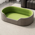 Gray corduroy pet bed with smooth grass-green cushion, XL option