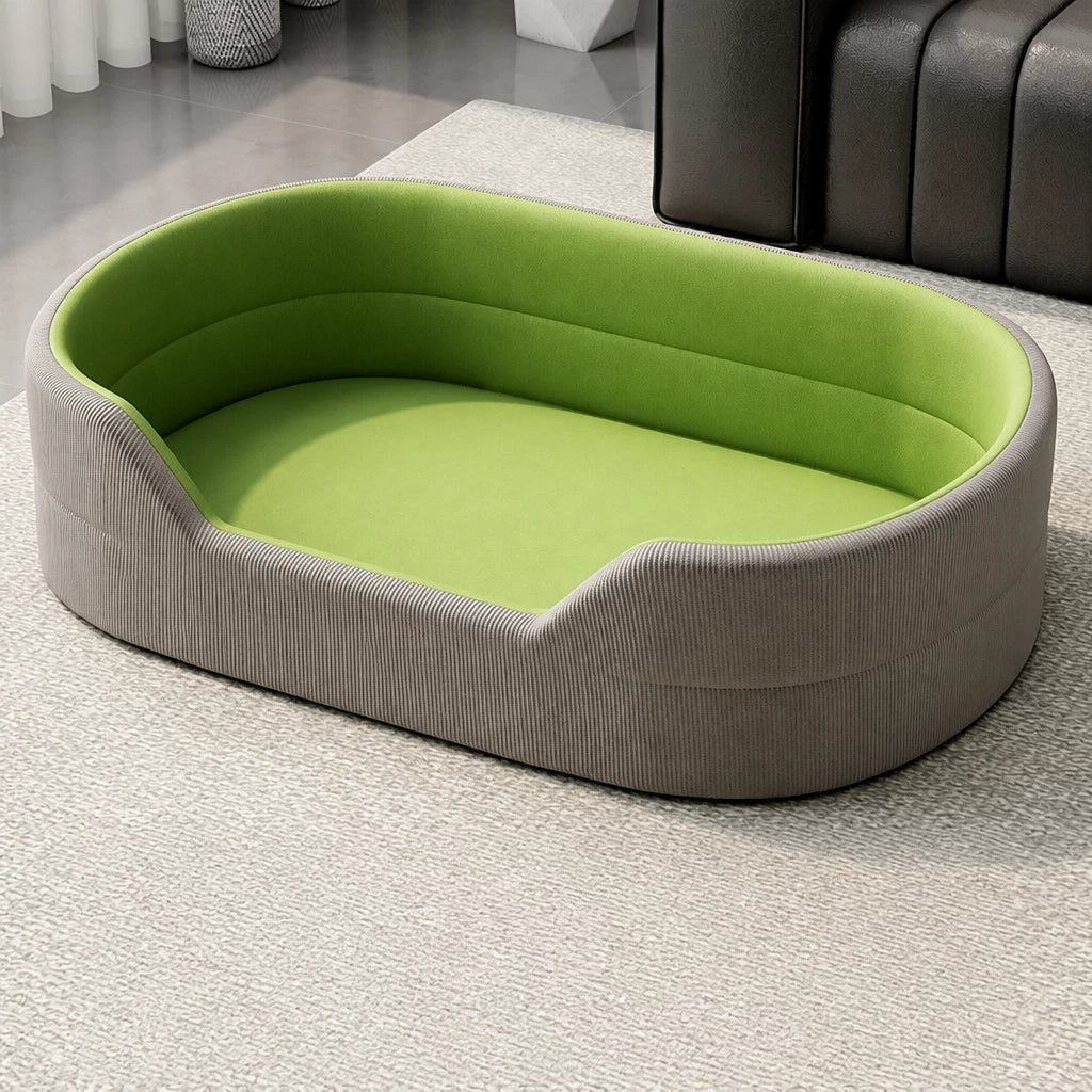 Gray corduroy pet bed with smooth grass-green cushion, XXL option