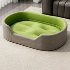 Gray corduroy pet bed with tufted grass-green cushion, S option