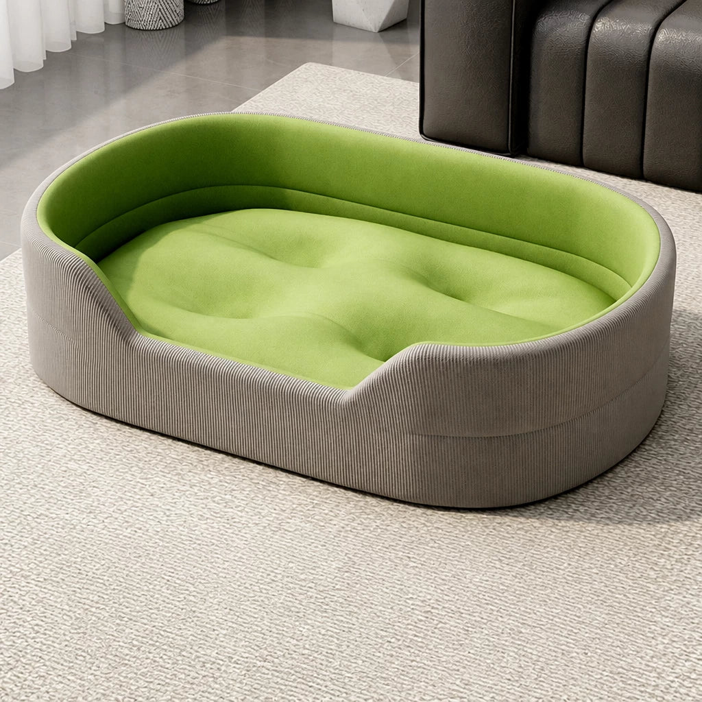 Gray corduroy pet bed with tufted grass-green cushion, S option