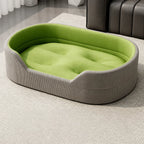 Gray corduroy pet bed with tufted grass-green cushion, M option