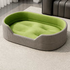 Gray corduroy pet bed with tufted grass-green cushion, L option