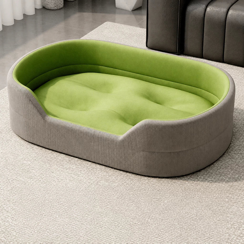 Gray corduroy pet bed with tufted grass-green cushion, L option