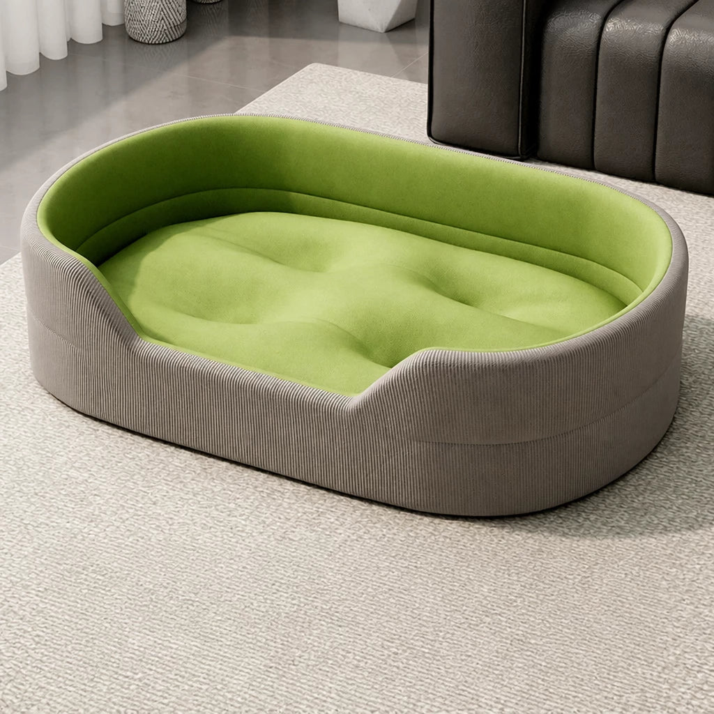 Gray corduroy pet bed with tufted grass-green cushion, XL option