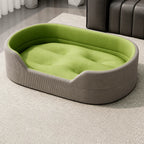 Gray corduroy pet bed with tufted grass-green cushion, XL option