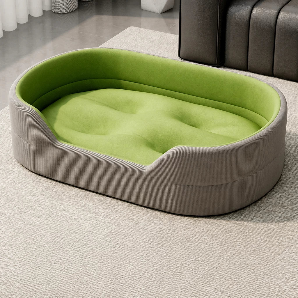 Gray corduroy pet bed with tufted grass-green cushion, XXL option