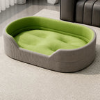 Gray corduroy pet bed with tufted grass-green cushion, XXL option