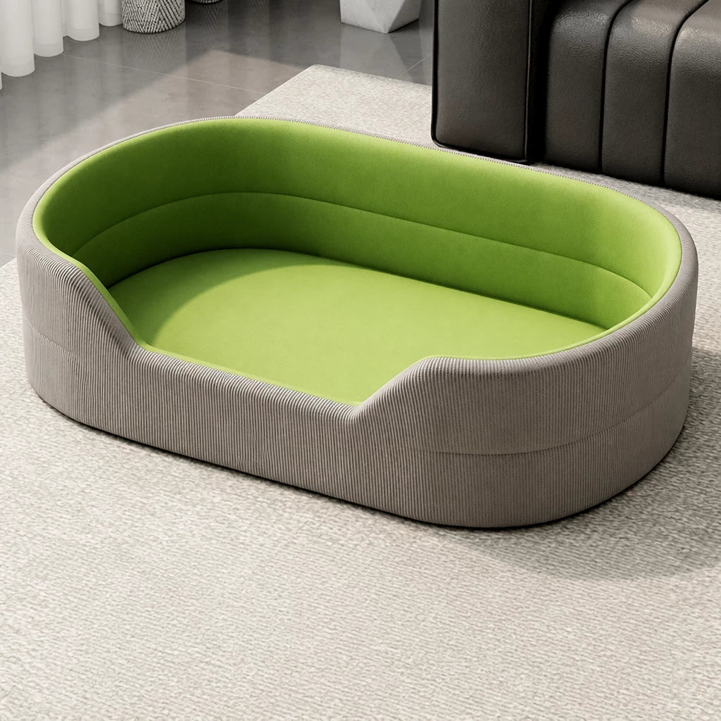 Gray corduroy pet bed with smooth grass-green cushion option, S option