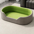Gray corduroy pet bed with smooth grass-green cushion option, S option
