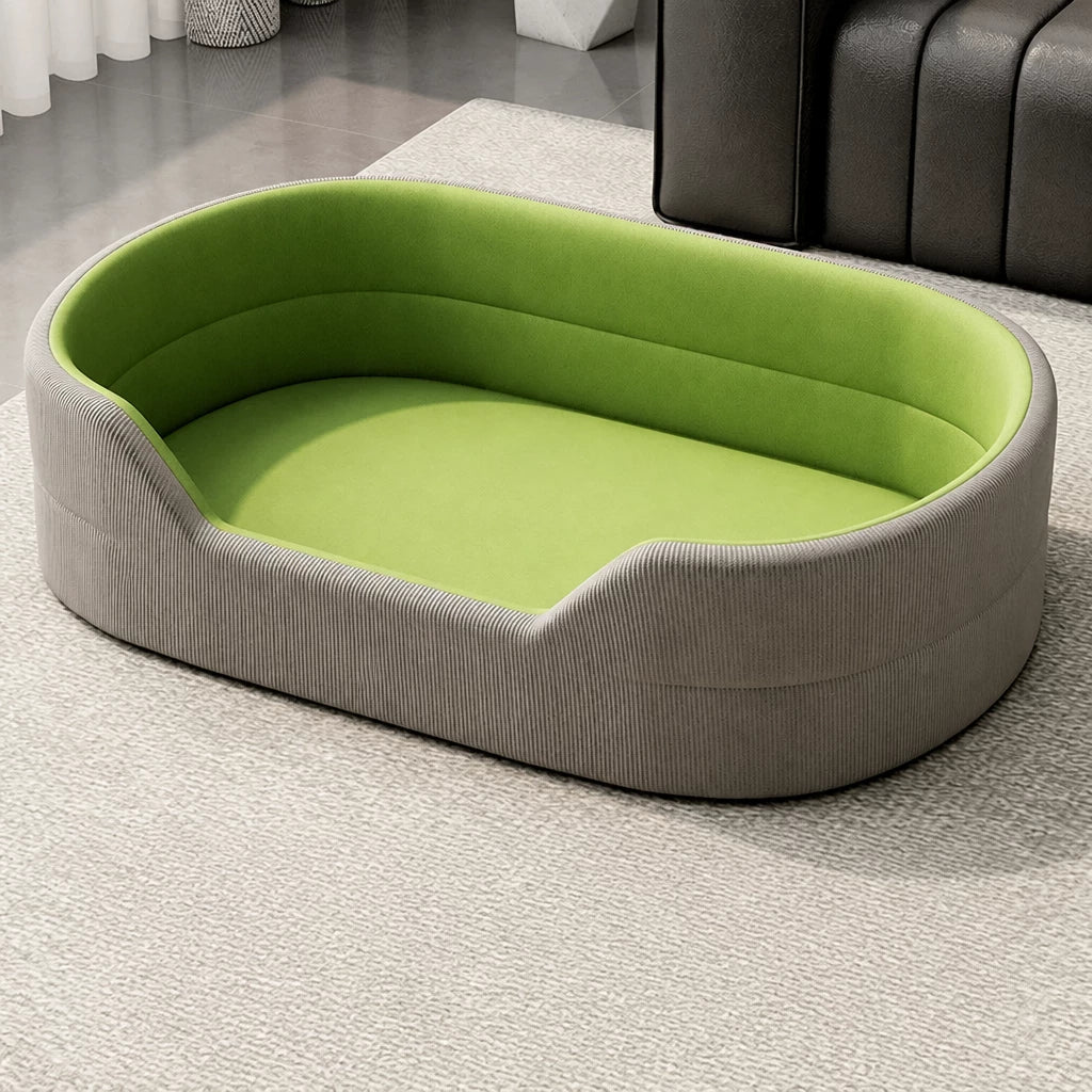 Gray corduroy pet bed with smooth grass-green cushion option, M option
