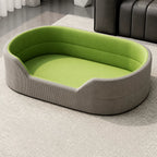 Gray corduroy pet bed with smooth grass-green cushion option, M option