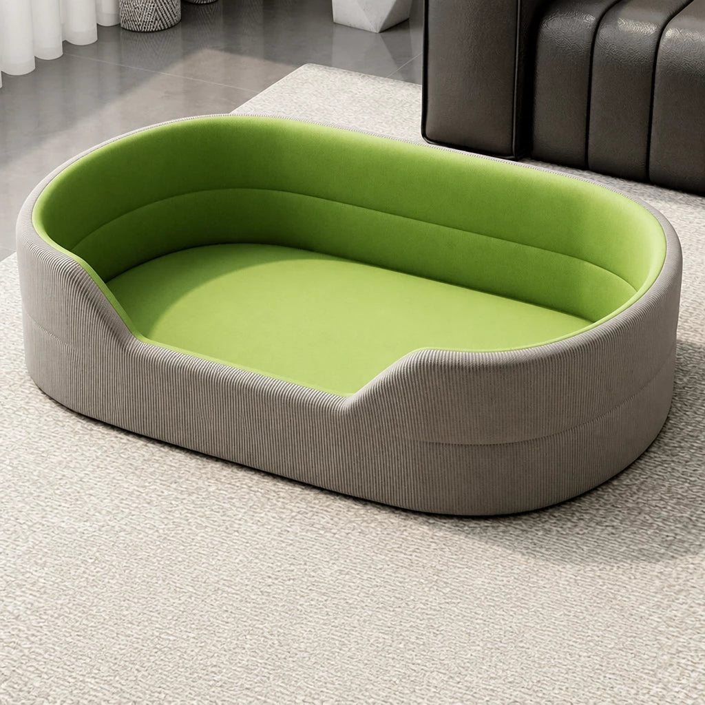 Gray corduroy pet bed with smooth grass-green cushion option, L option