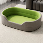 Gray corduroy pet bed with smooth grass-green cushion option, L option