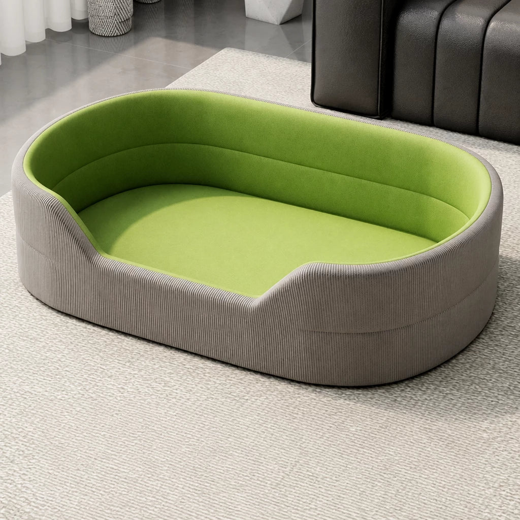 Gray corduroy pet bed with smooth grass-green cushion option, XXL option