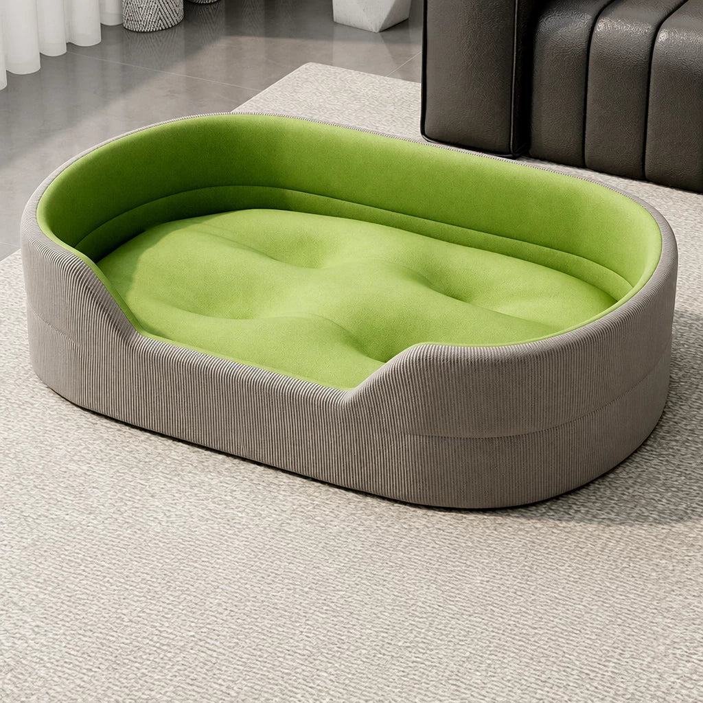 Gray corduroy pet bed with tufted grass-green cushion option, S option